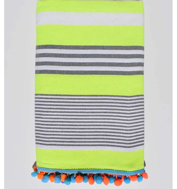 Serviette de plage jaune fluo rayée blanc et gris - 1