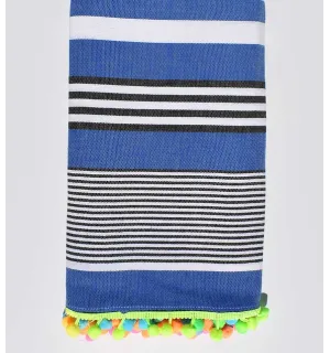 Serviette de plage bleu rayée blanc et noir avec pompons Fouta Tunisia - 1