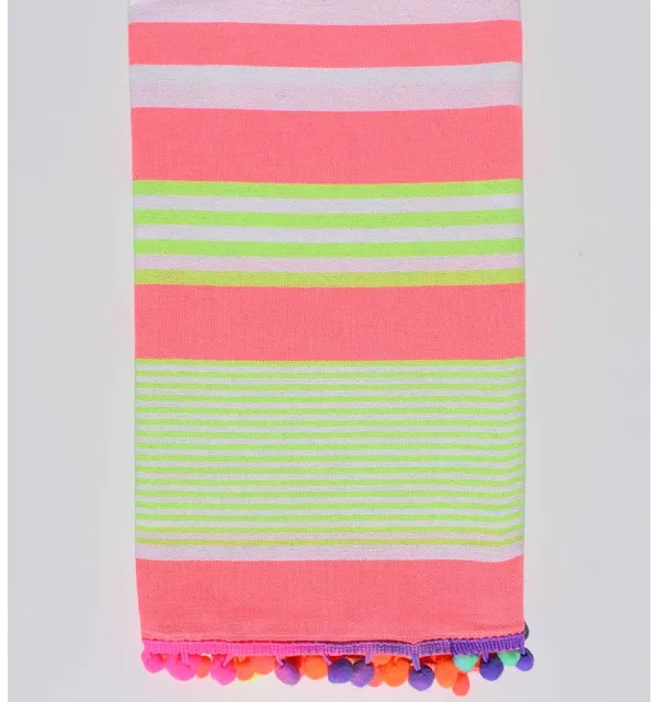 Serviette de plage rose fluo rayée vert fluo et blanc - 1