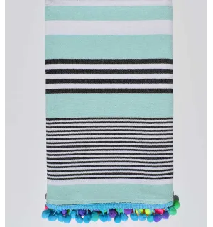 Serviette de plage pompon vert opaline rayée en noir et blanc  - 1