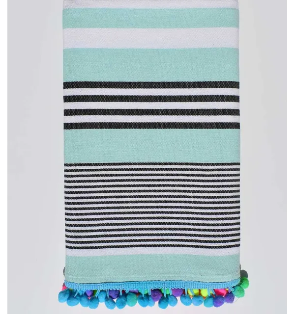 Serviette de plage pompon vert opaline rayée en noir et blanc - 1