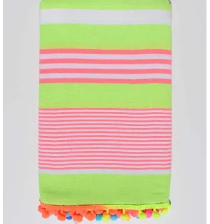 Serviette de plage vert fluo rayée blanc et rose  - 1