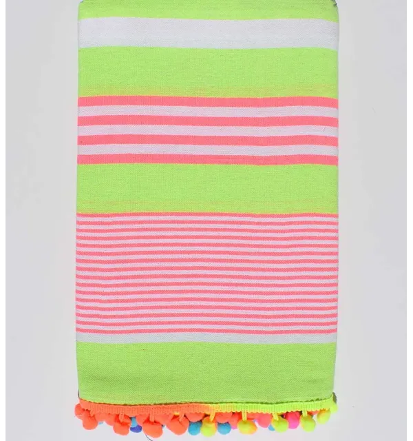 Serviette de plage vert fluo rayée blanc et rose - 1