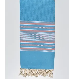 jeté arabesque bleu clair rayée rose pale Fouta Tunisia - 1