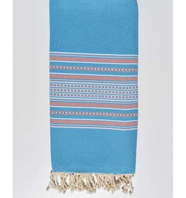 jeté arabesque bleu clair rayée rose pale Fouta Tunisia - 1