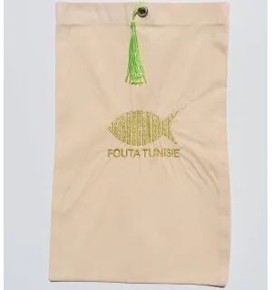Pochette beige clair brodée ,nœud pompon vert pastel Fouta Tunisia - 1