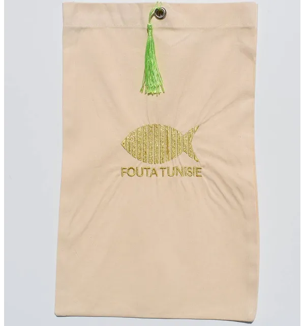 Pochette beige clair brodée ,nœud pompon vert pastel Fouta Tunisia - 1