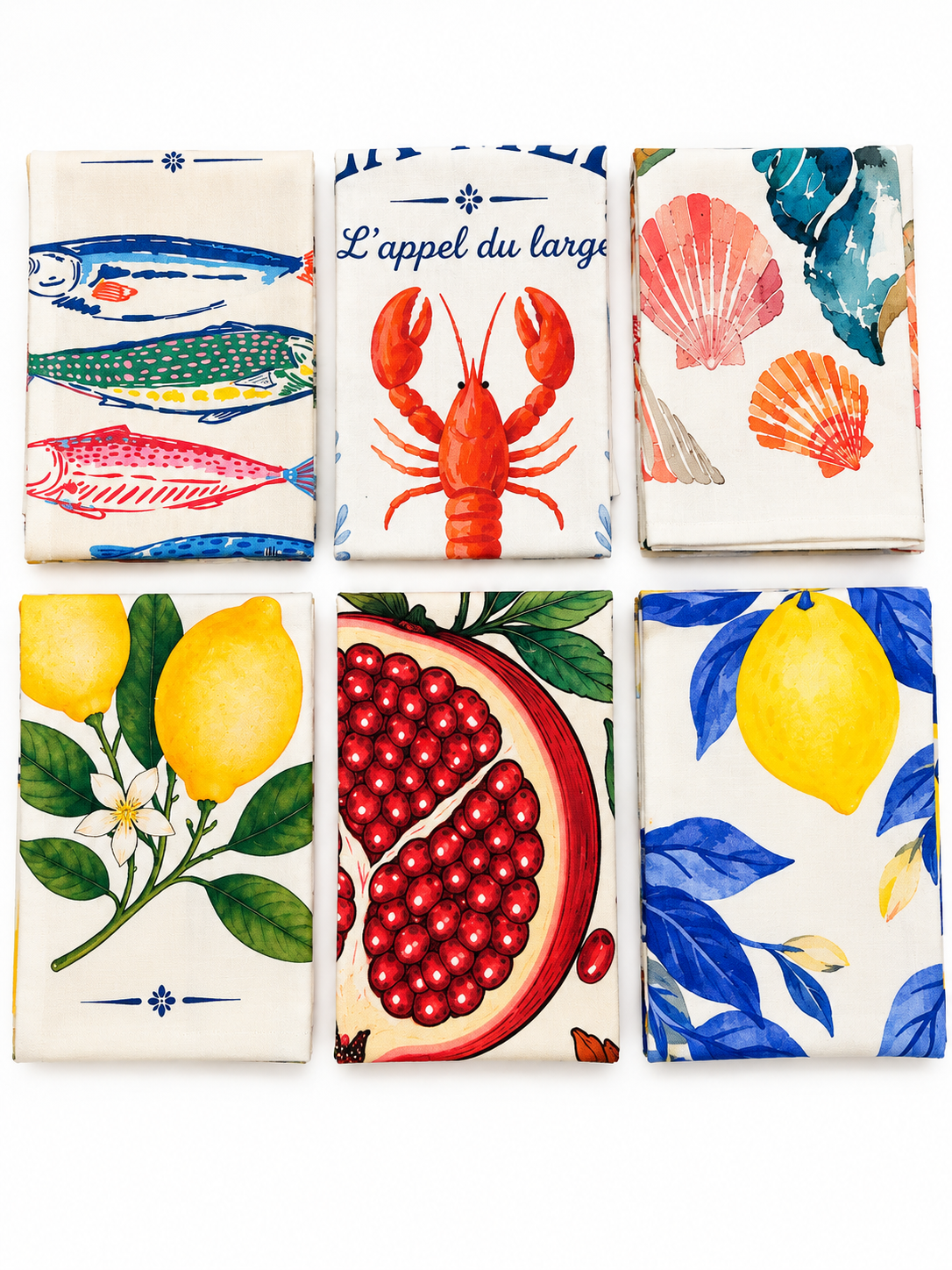 Torchons en coton crêpe imprimés de fruits, coquillages et motifs marins
