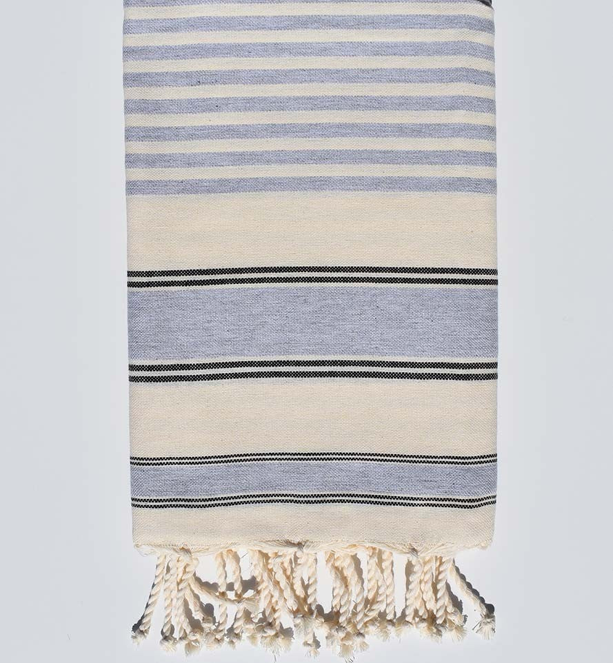 Serviette de plage ziwane blanc crème, noir et gris Fouta Tunisia - 1
