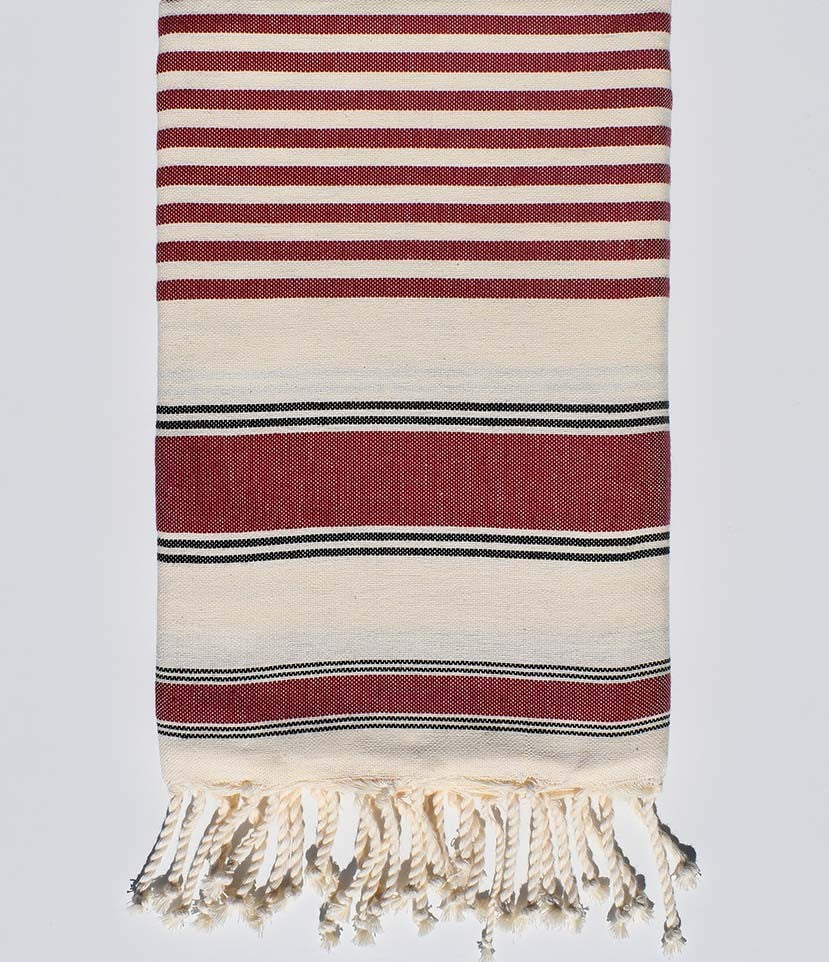 Serviette de plage ziwane blanc crème, noir et bordeaux Fouta Tunisia - 1