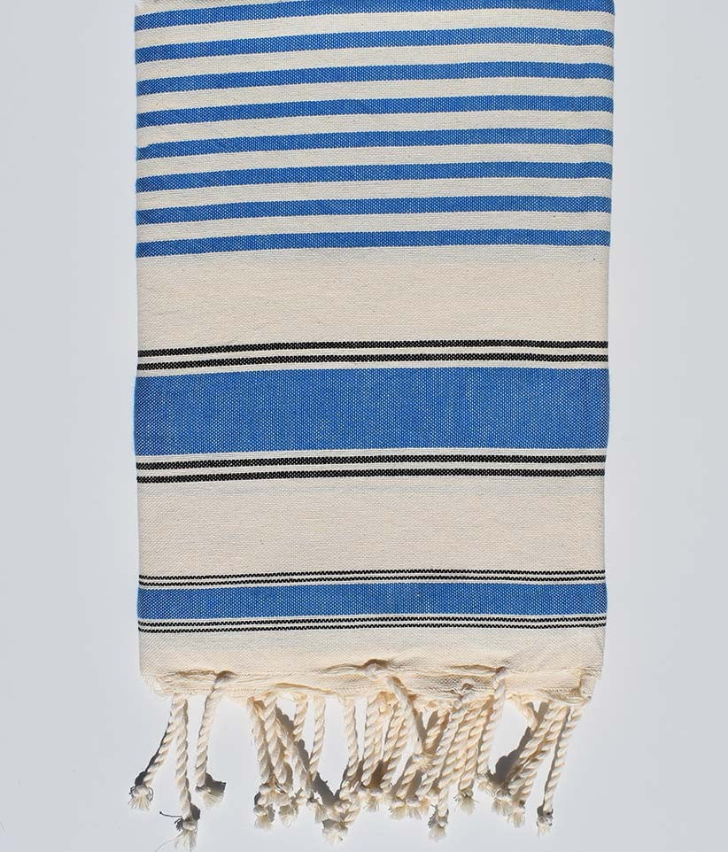 Serviette de plage ziwane blanc crème, noir et bleu Fouta Tunisia - 1