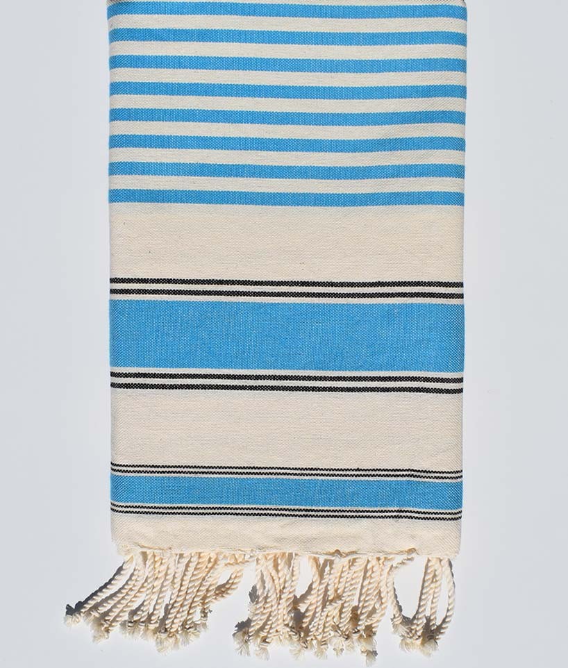 Serviette de plage ziwane blanc crème, noir et bleu céruléen Fouta Tunisia - 1