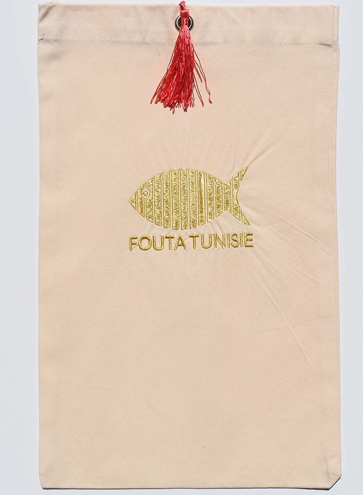 Pochette fouta beige clair brodé ,nœud pompon rose incarnat Fouta Tunisia - 1