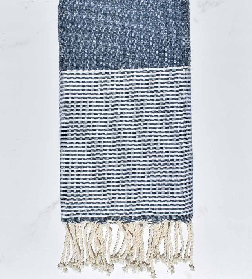 Serviette de plage nid d'abeille bleu pastel foncé Fouta Tunisia - 1