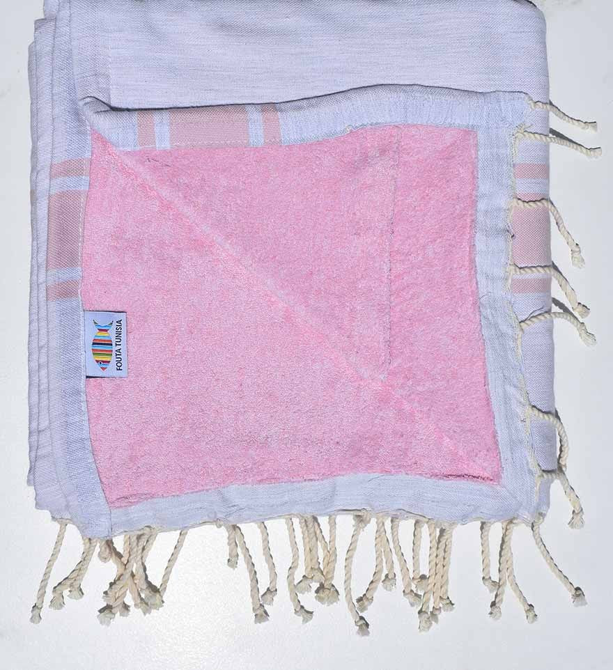Fouta doublée éponge gris clair bandes rose clair Fouta Tunisia - 1