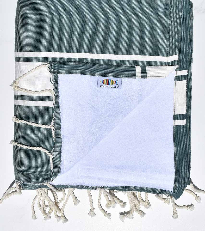 Serviette de plage doublée éponge vert foncé et blanc Fouta Tunisia - 1