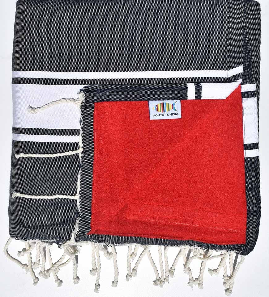 Serviette de plage doublée éponge bleu foncé et rouge Fouta Tunisia - 1