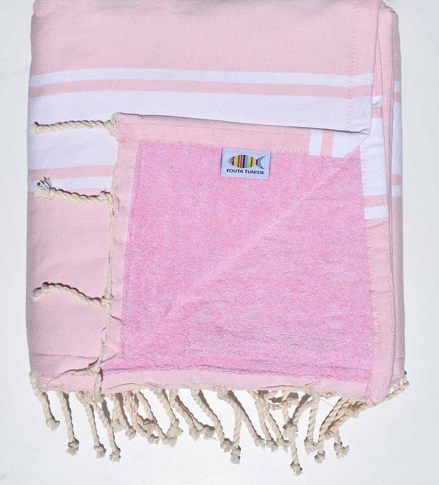 Serviette de plage doublée éponge rose clair Fouta Tunisia - 1