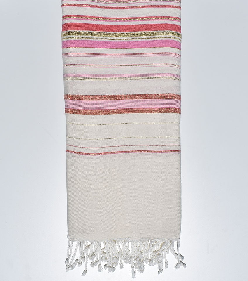Jeté fadhila blanc crème clair et rose incarnat Fouta Tunisia - 2