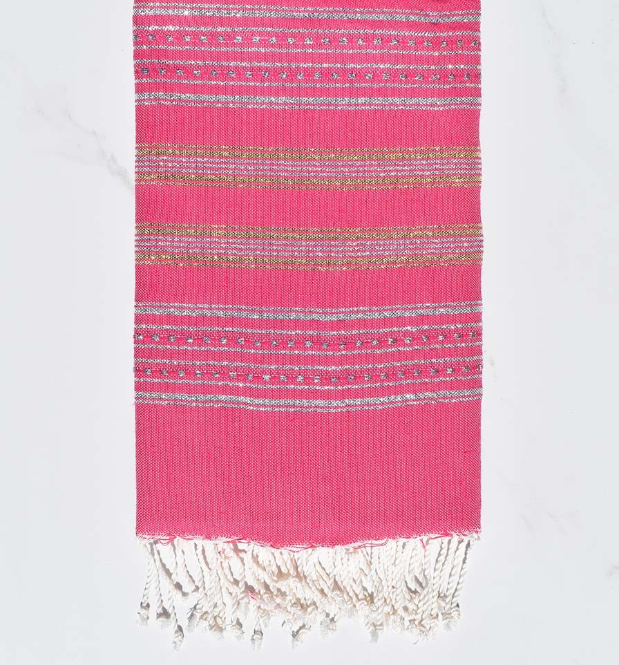 Serviette de plage rose fushia avec lurex argent et doré Fouta Tunisia - 1