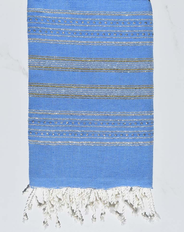 Serviette de plage plate bleu avec lurex argent et doré Fouta Tunisia - 1