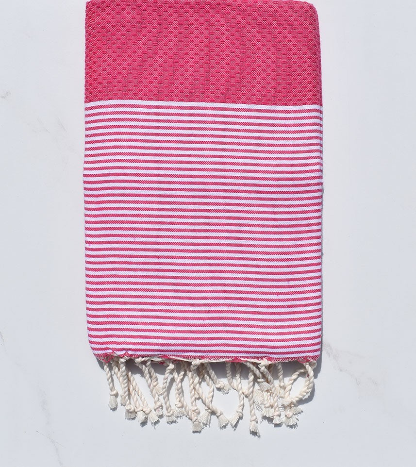 FOUTA NID D'ABEILLE Rose framboise avec rayures Fouta Tunisia - 1