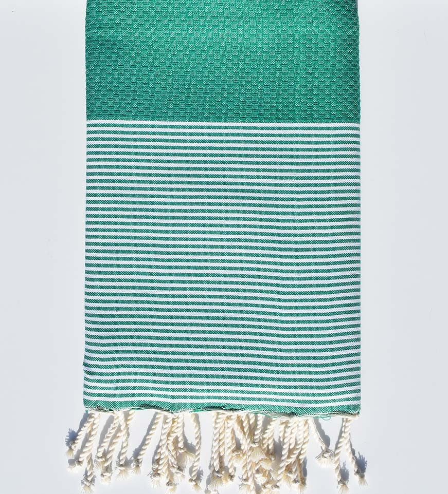 FOUTA NID D'ABEILLE Vert gazon rayée blanc  - 1