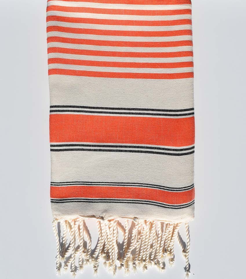 Serviette de plage couleur blanc crème, orange et noir Fouta Tunisia - 3