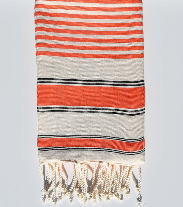Serviette de plage couleur blanc crème, orange et noir Fouta Tunisia - 3