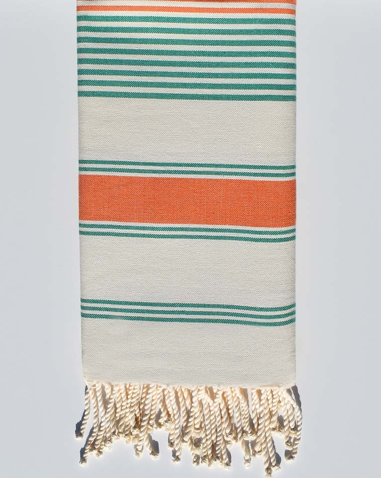 Serviette de plage dina blanc crème, orange et vert Fouta Tunisia - 1