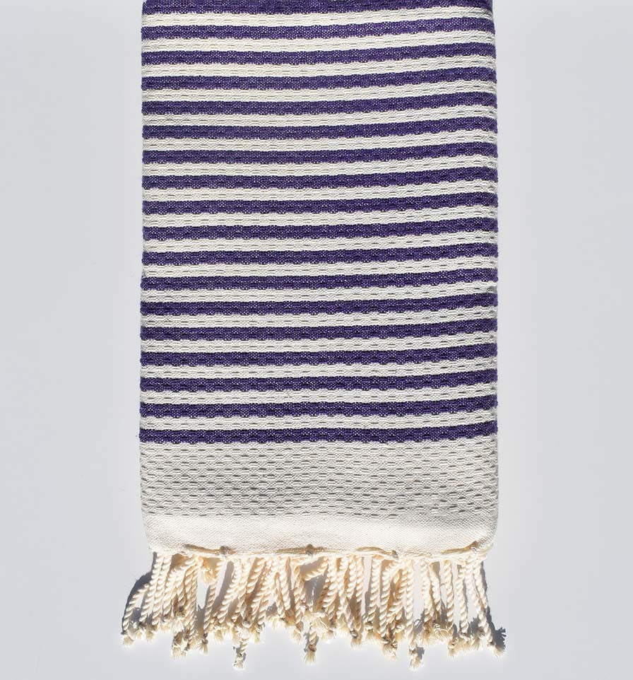 Serviette de plage nid d'abeille blanc crème rayée 1 cm violet Fouta Tunisia - 1