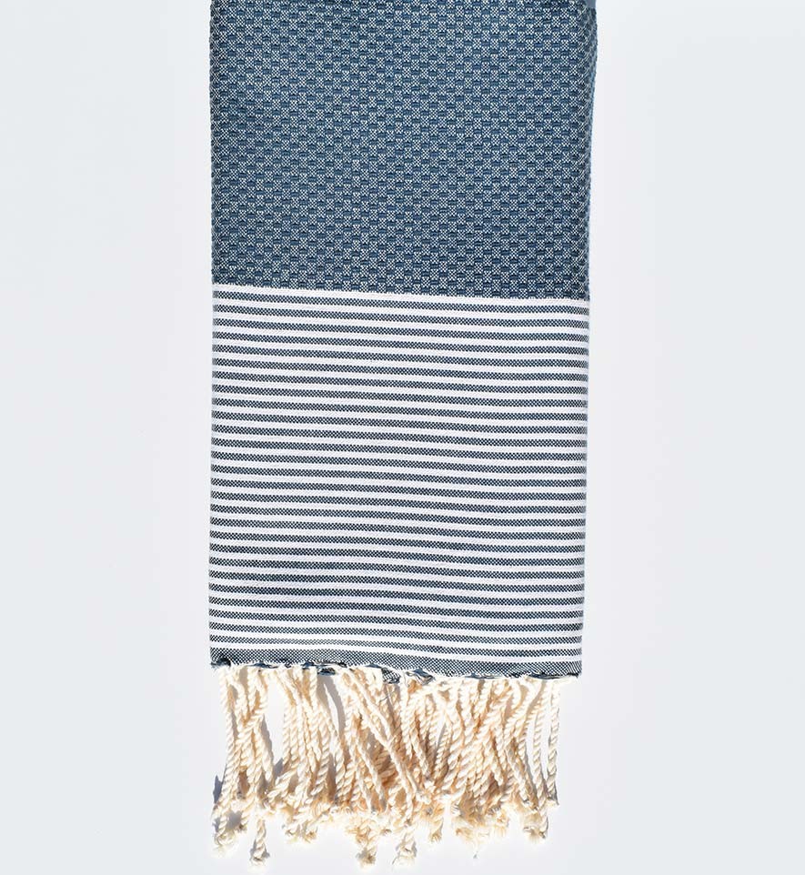 FOUTA NID D'ABEILLE bleu minéral rayée blanc  - 1
