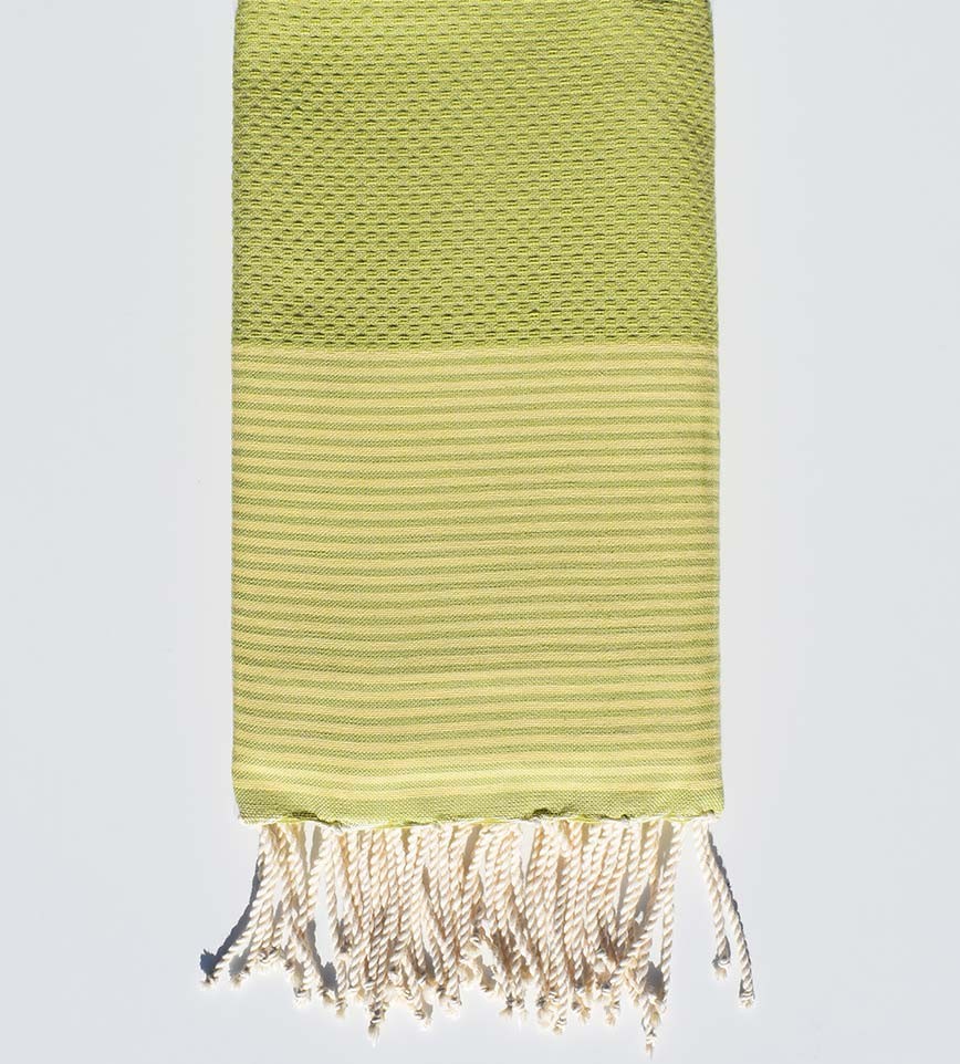 Serviette de plage en nid d'abeille vert pistache rayée jaune beurre Fouta Tunisia - 1
