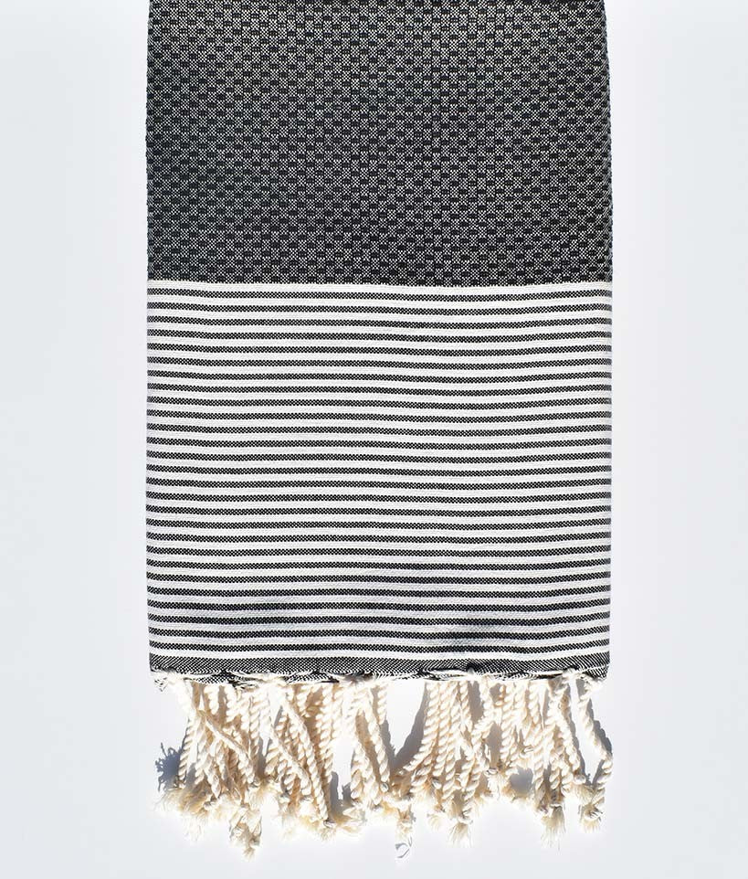 FOUTA NID D'ABEILLE Gris anthracite avec rayures  - 1
