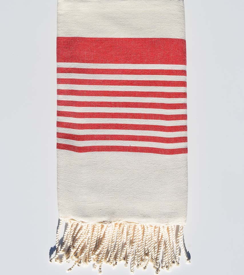 Serviette de plage arthur blanc crème et rouge Fouta Tunisia - 1