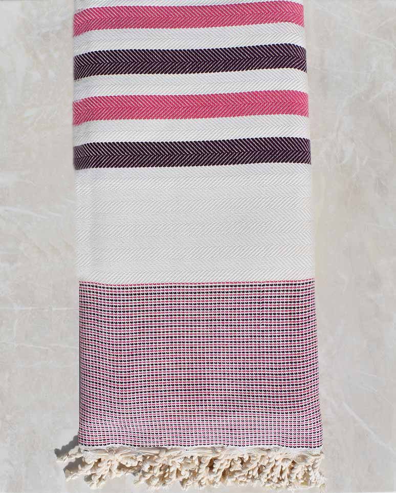Jeté blanc écru, rose et violet aubergine Fouta Tunisia - 2