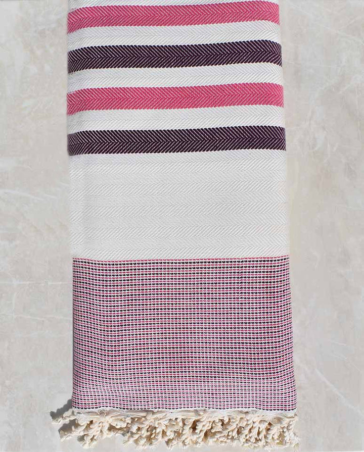Jeté blanc écru, rose et violet aubergine Fouta Tunisia - 2
