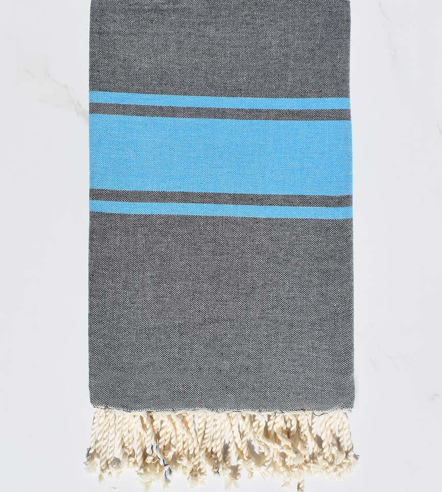 Fouta plate gris foncé bandes bleu  - 1