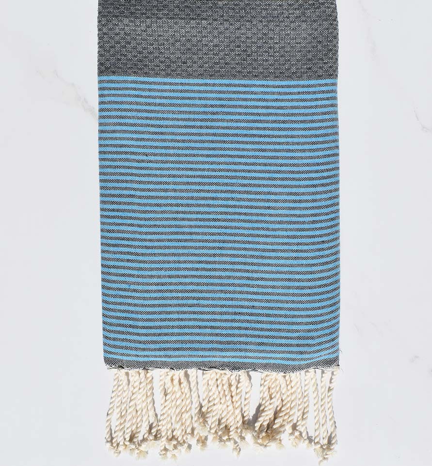 FOUTA NID D'ABEILLE gris rayée bleu azur Fouta Tunisia - 1