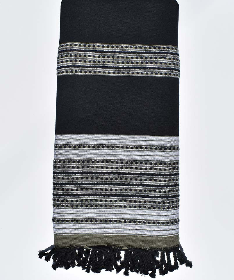 Jeté Arabesque noir rayée vert Militaire et gris  - 1