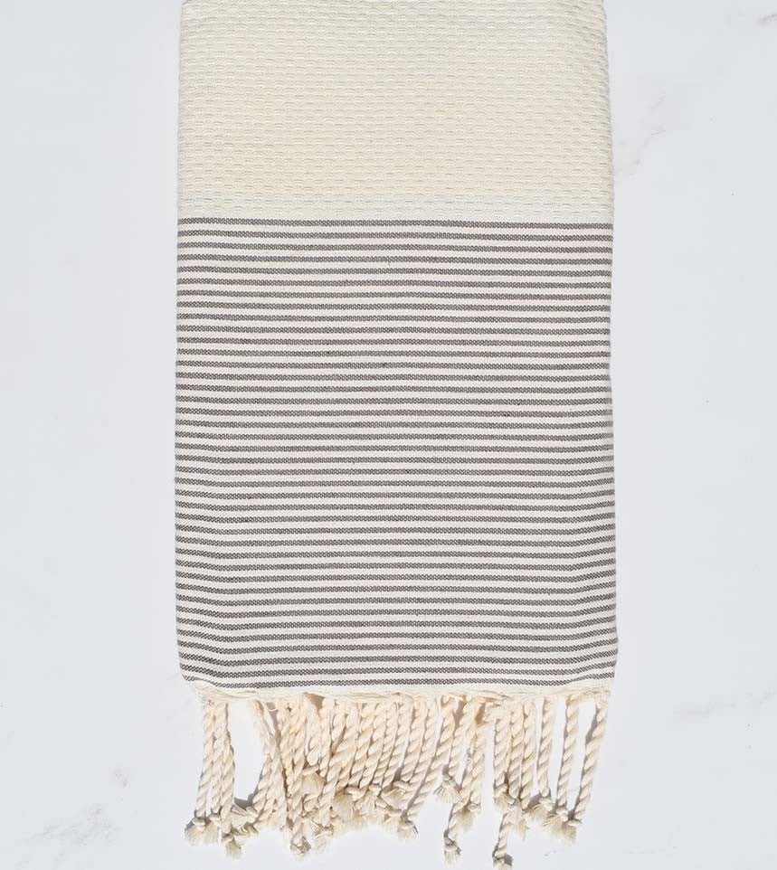 Fouta nid d'abeille blanc crème rayée taupe  - 1
