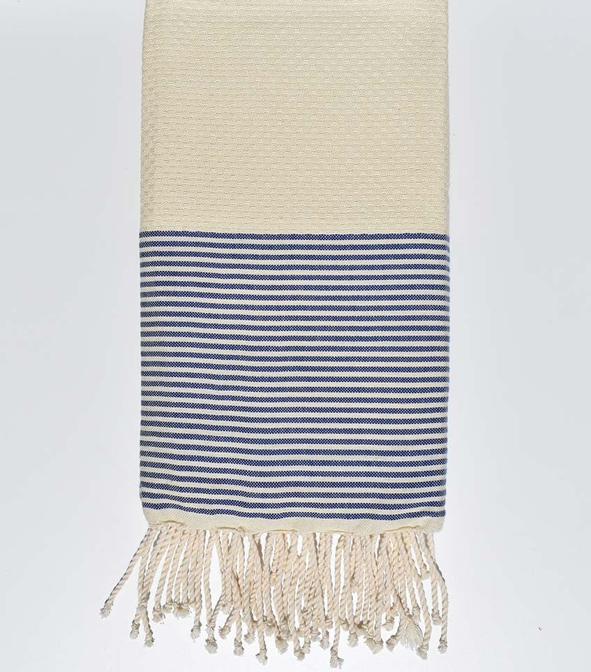 Fouta nid d'abeille écru avec rayures bleu foncé Fouta Tunisia - 1