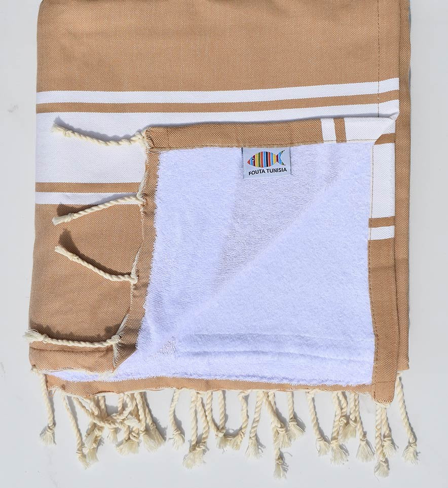 Fouta plate marron clair doublée éponge Fouta Tunisia - 1