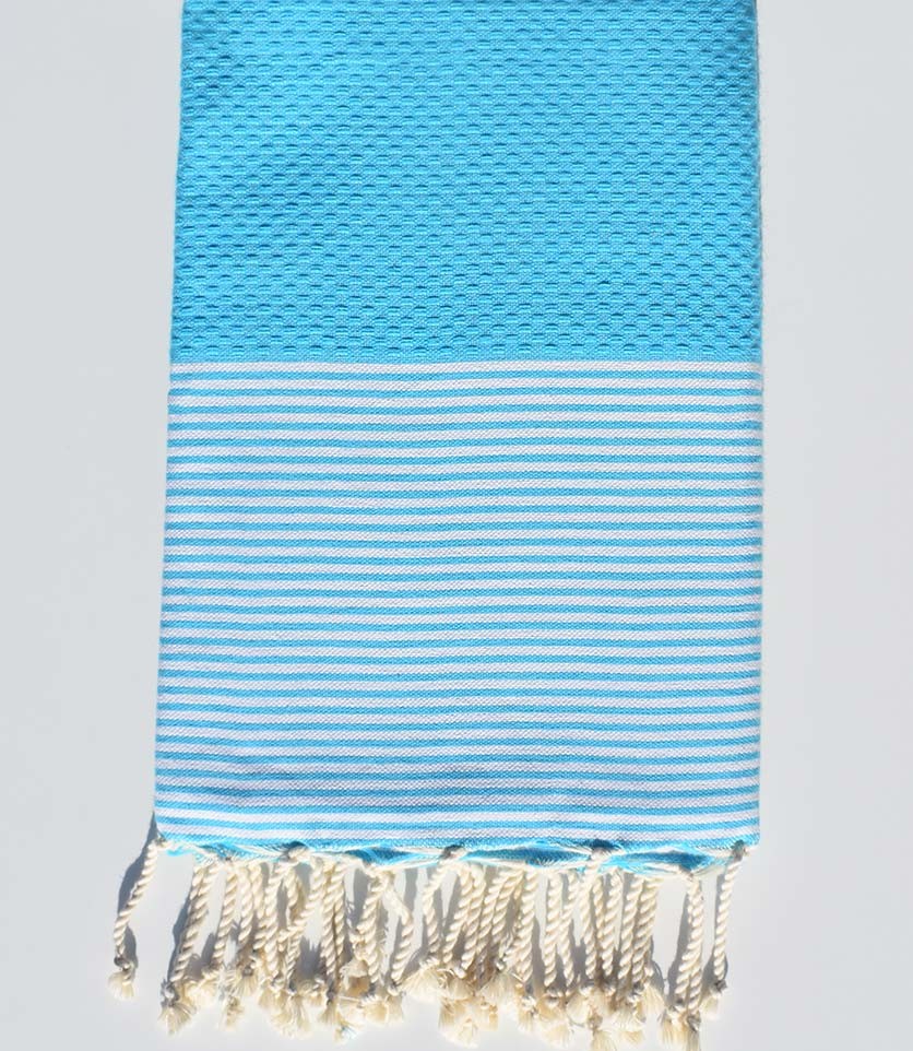 FOUTA NID D'ABEILLE bleu céruléen rayée blanc Fouta Tunisia - 1