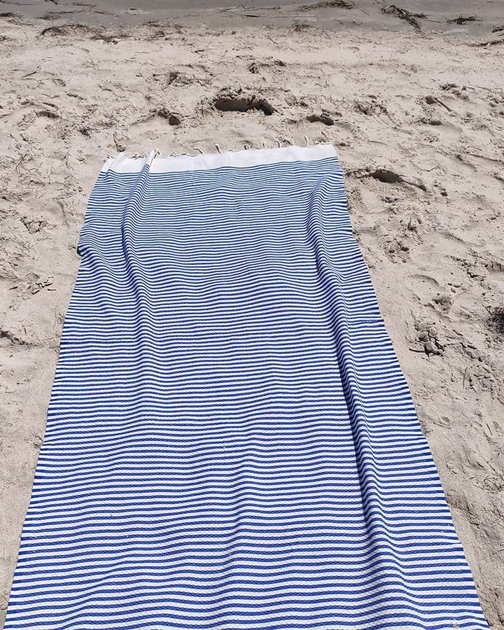 FOUTA nid d'abeille beige clair rayée 1 cm rayure bleu  - 3