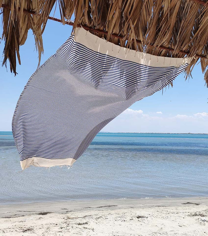 FOUTA nid d'abeille beige clair rayée 1 cm rayure bleu  - 1