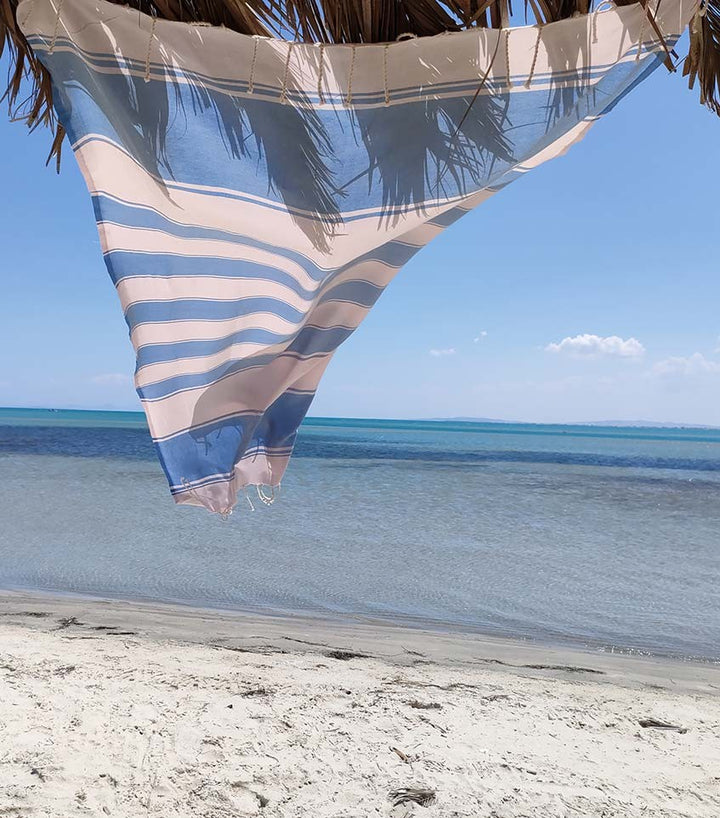 serviette de plage RAF-RAF  bleu bleuet et rose pastel pâle Fouta Tunisia - 3