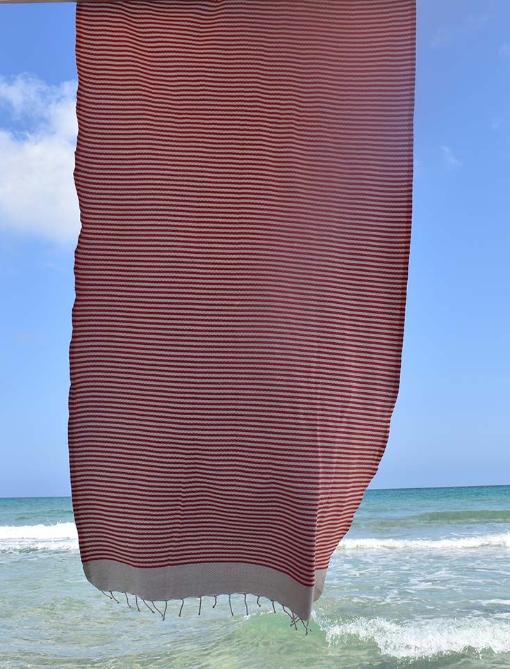 Fouta nid d'abeille rayée 1 cm couleur rose corail Fouta Tunisia - 2