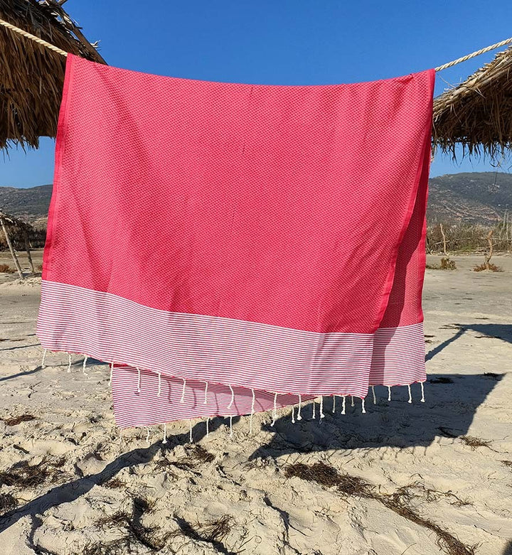 FOUTA NID D'ABEILLE fushia rayée blanc Fouta Tunisia - 2