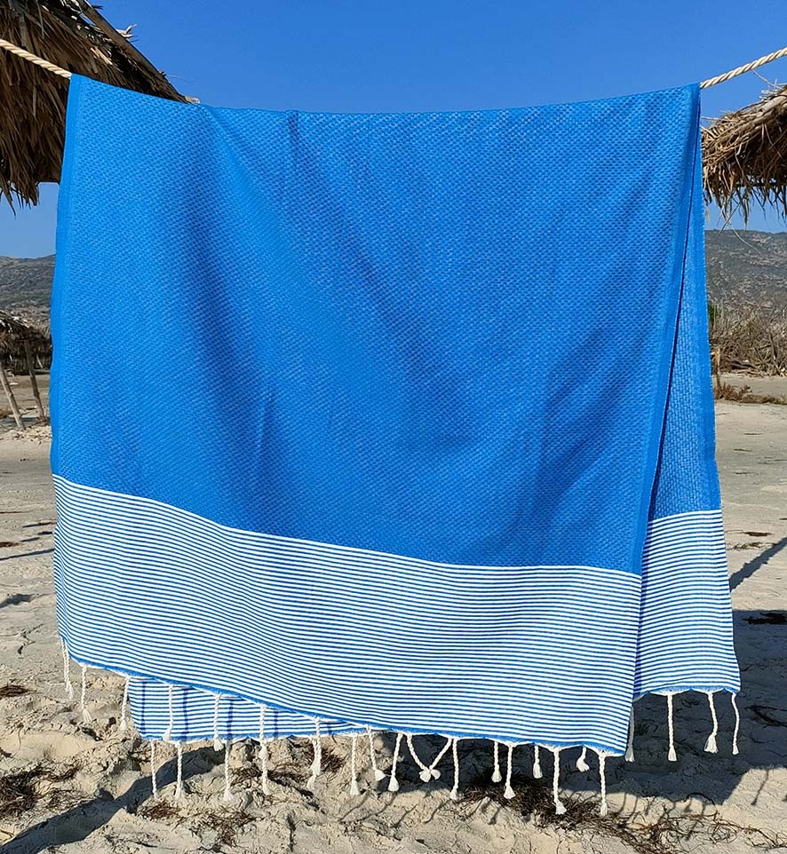 FOUTA NID D'ABEILLE Bleu électrique rayée blanc Fouta Tunisia - 3
